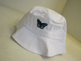 Tangka Beach Bucket Hat Embroidered Blue Butterfly White Female -- New