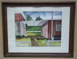 Handmade Patio Scene Watercolor 17 1/2in x 13in Unsigned  * Paper Glass -- Used