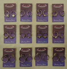 Designer Hoop Earrings Qty 24 Sterling Silver Rhinestones Hearts Stars Flowers -- New