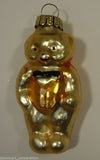 Teddy Bear with Vest and Bow Tie Ornament Germany Glass Gold -- Used