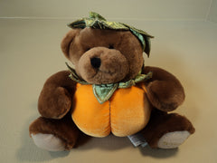 Standard Stuffed Pumpkin Bear 8-in Orange/Brown/Green Soft Polyester Fiber -- Used