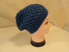 Handcrafted Slouchy Hat Ocean Blue Textured 100% Merino Wool Female Adult -- New No Tags