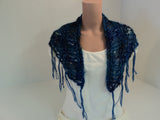Handcrafted Scarf Blue Drop Stitch Fringes Merino Wool Mohair Female -- New No Tags