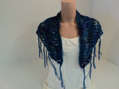 Handcrafted Scarf Blue Drop Stitch Fringes Merino Wool Mohair Female -- New No Tags