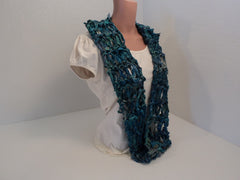 Handcrafted Wrap Cowl Blue Recycled Silk Ribbon Female -- New No Tags