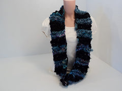 Handcrafted Wrap Cowl Blue Black Recycled Silk Ribbon Female Striped -- New No Tags