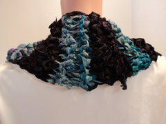 Handcrafted Wrap Cowl Blue Black Recycled Silk Ribbon Female Striped -- New No Tags