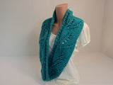 Handcrafted Wrap Cowl Teal Leaf Design 100% Merino Wool Female Adult -- New No Tags