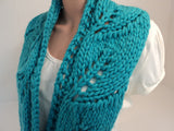 Handcrafted Wrap Cowl Teal Leaf Design 100% Merino Wool Female Adult -- New No Tags