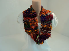 Handcrafted Wrap Cowl Purple Green Orange Drop Stitch 100% Recycled Silk Female -- New No Tags
