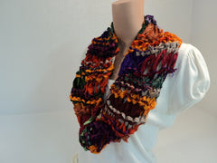 Handcrafted Wrap Cowl Purple Green Orange Drop Stitch 100% Recycled Silk Female -- New No Tags