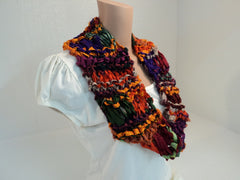 Handcrafted Wrap Cowl Purple Green Orange Drop Stitch 100% Recycled Silk Female -- New No Tags