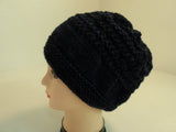 Handcrafted Beanie Hat Dark Blue Textured Slouchy Baby Merino Wool Female Adult -- New No Tags