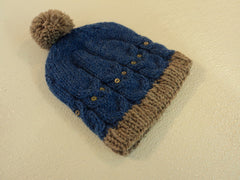 Handcrafted Knitted Baby Hat Blue/Gray Owl Pom Pom 100% Wool Male 9-12 months -- New No Tags