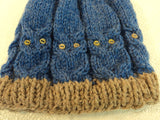 Handcrafted Knitted Baby Hat Blue/Gray Owl Pom Pom 100% Wool Male 9-12 months -- New No Tags