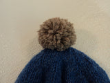 Handcrafted Knitted Baby Hat Blue/Gray Owl Pom Pom 100% Wool Male 9-12 months -- New No Tags