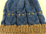 Handcrafted Knitted Baby Hat Blue/Gray Owl Pom Pom 100% Wool Male 9-12 months -- New No Tags