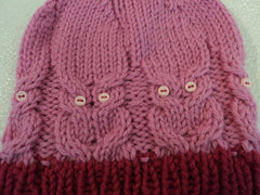 Handcrafted Knitted Baby Hat Pink/Cranberry Pom Pom 100% Wool Female 6-12 months -- New No Tags