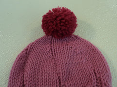 Handcrafted Knitted Baby Hat Pink/Cranberry Pom Pom 100% Wool Female 6-12 months -- New No Tags