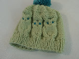 Handcrafted Knitted Child Hat Lime/Teal Owl Pom Pom 100% Wool Female 3T -- New No Tags