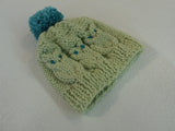 Handcrafted Knitted Child Hat Lime/Teal Owl Pom Pom 100% Wool Female 3T -- New No Tags