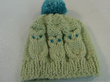 Handcrafted Knitted Child Hat Lime/Teal Owl Pom Pom 100% Wool Female 3T -- New No Tags