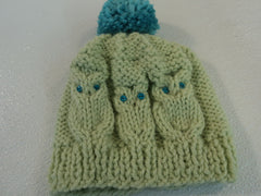 Handcrafted Knitted Child Hat Lime/Teal Owl Pom Pom 100% Wool Female 3T -- New No Tags