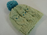 Handcrafted Knitted Child Hat Lime/Teal Owl Pom Pom 100% Wool Female 3T -- New No Tags