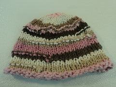 Handcrafted Knitted Baby Hat Pink/Brown/Cream Striped Female 9-12 Months -- New No Tags