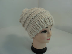 Handcrafted Knitted Beanie Hat Cream Pom Pom Slouchy Wool Acrylic Female Adult -- New No Tags