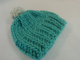 Handcrafted Knitted Hat Beanie Aqua Pom Pom Slouchy 100% Merino Wool Female -- New No Tags