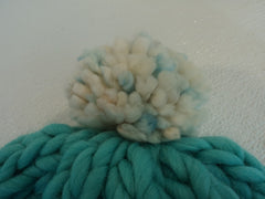 Handcrafted Knitted Hat Beanie Aqua Pom Pom Slouchy 100% Merino Wool Female -- New No Tags