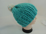 Handcrafted Knitted Hat Beanie Aqua Pom Pom Slouchy 100% Merino Wool Female -- New No Tags