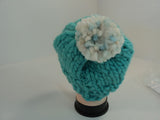 Handcrafted Knitted Hat Beanie Aqua Pom Pom Slouchy 100% Merino Wool Female -- New No Tags