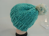 Handcrafted Knitted Hat Beanie Aqua Pom Pom Slouchy 100% Merino Wool Female -- New No Tags