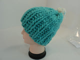 Handcrafted Knitted Hat Beanie Aqua Pom Pom Slouchy 100% Merino Wool Female -- New No Tags