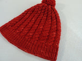 Handcrafted Beanie Knitted Hat Red Pom Pom Cable Stitch 100% Merino Wool Female -- New No Tags