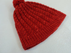 Handcrafted Beanie Knitted Hat Red Pom Pom Cable Stitch 100% Merino Wool Female -- New No Tags