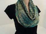 Handcrafted Knitted Cowl Wrap Teal/Yellow/Gray Textured 100% Merino Silk Female -- New No Tags