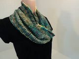 Handcrafted Knitted Cowl Wrap Teal/Yellow/Gray Textured 100% Merino Silk Female -- New No Tags