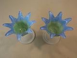Designer Candle Holders Set of 3 Two Sizes Blue/Green/Frosted Flower Modern -- Used