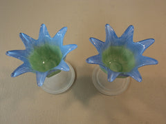 Designer Candle Holders Set of 3 Two Sizes Blue/Green/Frosted Flower Modern -- Used