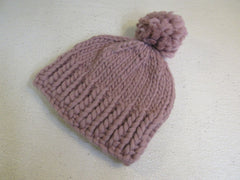 Handcrafted Beanie Hat Dusty Rose Super Bulky Pom Pom 100% Merino Female Adult -- New