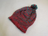 Handcrafted Beanie Hat Red and Green Pom Pom 100% Merino Female Adult -- New