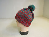 Handcrafted Beanie Hat Red and Green Pom Pom 100% Merino Female Adult -- New