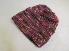 Handcrafted Beanie Hat Raspberry Orange Black Textured 100% Merino Female Adult -- New