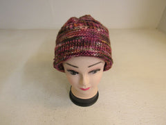 Handcrafted Beanie Hat Raspberry Orange Black Textured 100% Merino Female Adult -- New