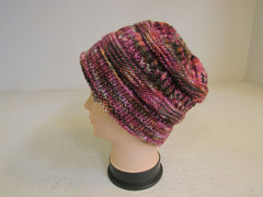 Handcrafted Beanie Hat Raspberry Orange Black Textured 100% Merino Female Adult -- New