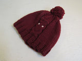 Handcrafted Beanie Owl Hat Cranberry Pom Pom 100% Merino Female Adult -- New