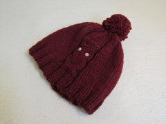 Handcrafted Beanie Owl Hat Cranberry Pom Pom 100% Merino Female Adult -- New